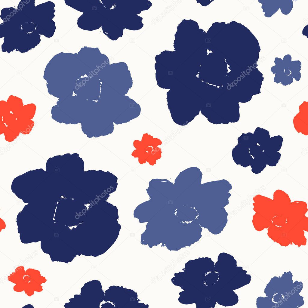Seamless repeating pattern with hand painted flower blossoms in red, blue, navy and white. Hand drawn vector illustration, perfect for creating fabrics, greeting cards, wrapping paper, packaging.