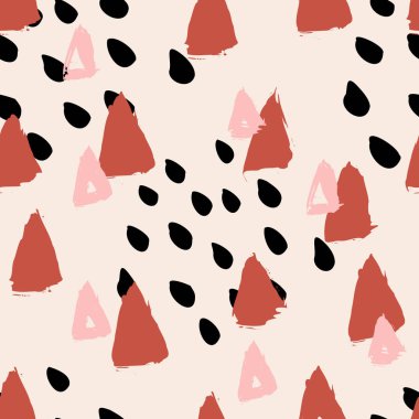 El üçgenler ve fırça darbeleri tuğla kırmızı, pembe ve krem arka plan üzerinde siyah pastel boyalı. Sorunsuz Özet yinelenen arka plan, ambalaj kağıdı, kumaş tasarım.