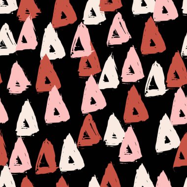 El üçgen içinde krem, tuğla kırmızı ve pastel pembe siyah arka plan üzerine boyalı. Sorunsuz Özet yinelenen arka plan, ambalaj kağıdı, kumaş tasarım.