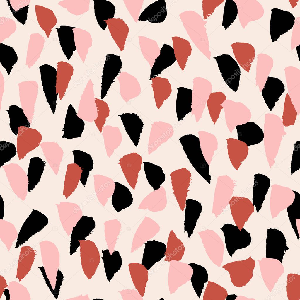Hand painted brush strokes in pastel pink, brick red and black on cream background. Seamless abstract repeating background, wrapping paper, fabric design.