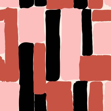 Pastel pembe, siyah ve krem arka plan üzerinde kırmızı tuğla dikdörtgen şekiller ile sorunsuz yinelenen desen.