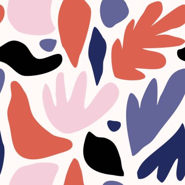 Soyut şekiller ve kırmızı, pembe, lavanta, mavi ve beyaz arka planda siyah çiçek elemanları ile Dikişsiz tekrarlama deseni. Eğlenceli ve modern çağdaş kolaj tarzı poster, duvar kağıdı, kumaş, paketleme ve marka tasarımı.