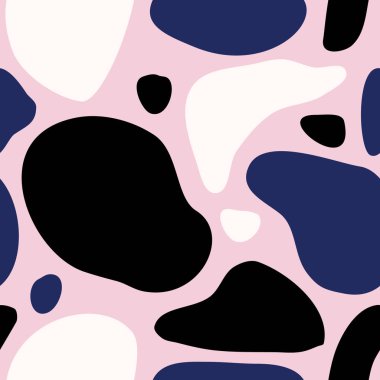 Pembe arka planda beyaz, mavi ve siyah soyut şekiller ile kesintisiz tekrarlama deseni. Eğlenceli ve modern çağdaş kolaj tarzı poster, duvar kağıdı, kumaş, paketleme ve marka tasarımı.