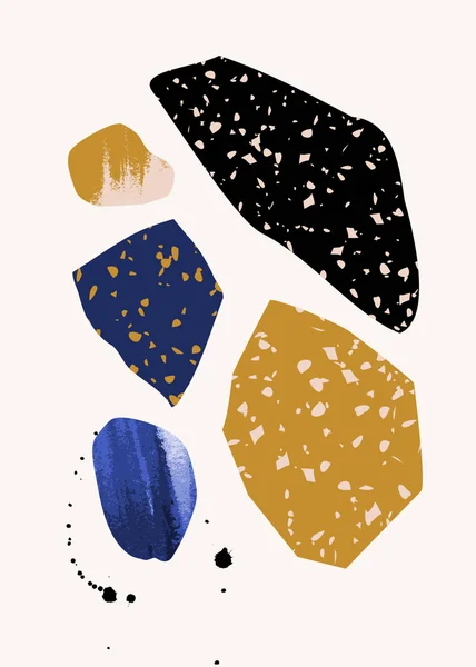 手描きの要素 テラゾテクスチャと白の背景に青 ピンク 黒の幾何学的形状を持つ現代のコラージュ 抽象的なデザイン要素 現代のウォールアート シャツデザイン — ストックベクタ