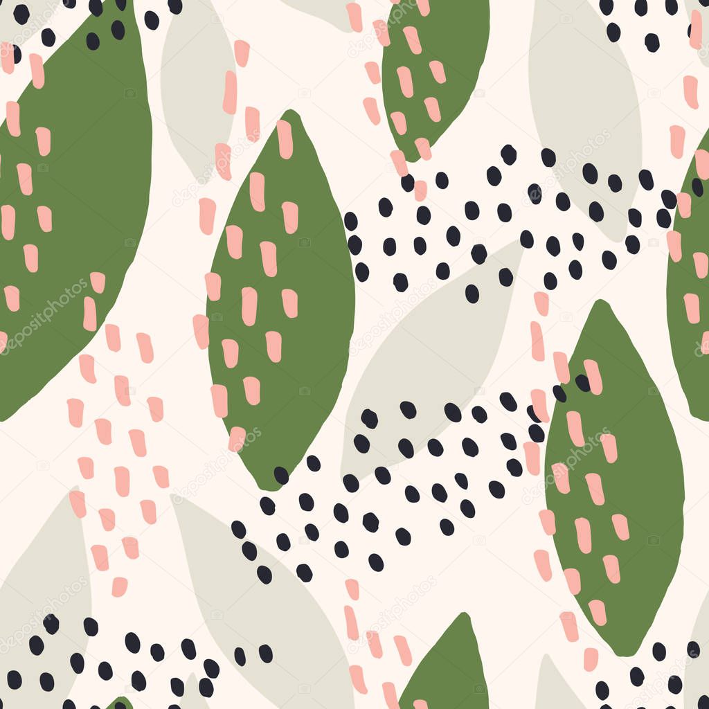 Seamless repeating pattern with abstract leaf shapes in green on white background. Modern and stylish textile, gift wrap, wall art, packaging and branding design.