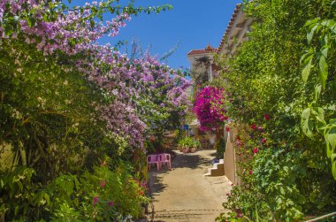 Çiçekler ile süslenmiş ev-Fiskardo Köyü, Kefalonia Adası, Yunanistan Akdeniz