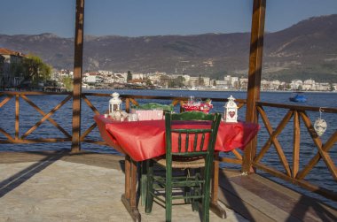 Ohri Gölü 'nün yanında romantik Vintage tablo, Makedonya 