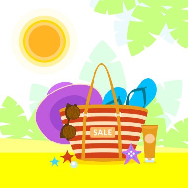 Bright torba tropik arka plan üzerinde plaj aksesuarları ile. Yaz tasarım öğeleri kümesi. Tatil poster, web afiş, Plaj Partisi Davetiyesi, zemin, app reklam, satış promosyon için kullanılabilir
