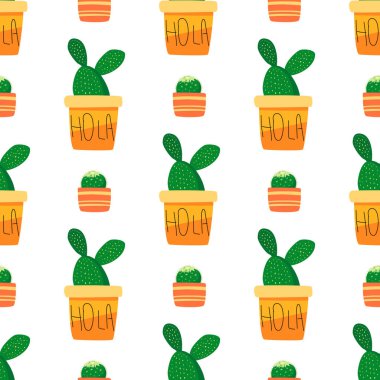 Vektör sevimli yeşil kaktüsler ve metin Hola ile seamless modeli. Ev bitkiler tencere. Beyaz bir arka plan üzerinde izole bir düz stil çiçek simgeler. Çizgi film dekoratif houseplants