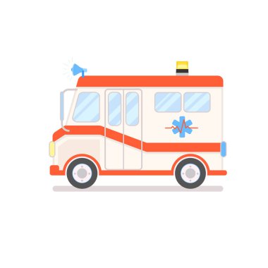 Beyaz arka plan üzerinde izole karikatür Ambulans kamyon. Acil araba düz stil tatlı vektör Illustration. Doodle kavramı için tasarım t-shirt baskı, poster, kart, çıkartmalar, Infographic, animasyon