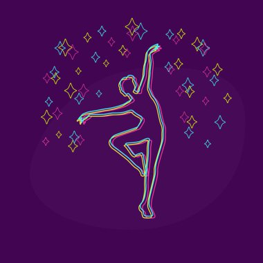 Renkli çizgiler bir dans eden kız silüeti. Vektör çizim dansçı kadın ve parlak yıldız. Tasarım konsepti kullanılan promosyon afiş, poster, afiş, duvar kağıdı, kapak için