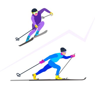 İki kayak sportsmans çekimde karakter. Sportif adam kayaklar üzerinde sürme. Karikatür tarzı vektör kavram. Kış spor oyun seti