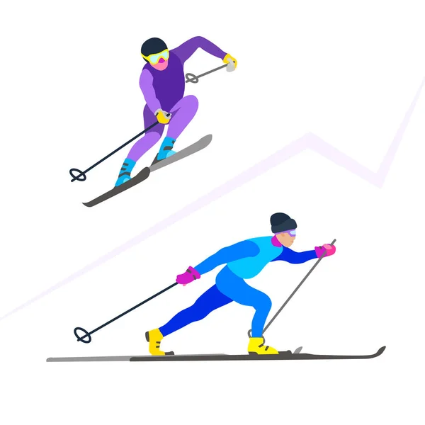 Two Skiing Sportsmans Character Motion Sporty Guy Riding Skis Vector — Stock Vector