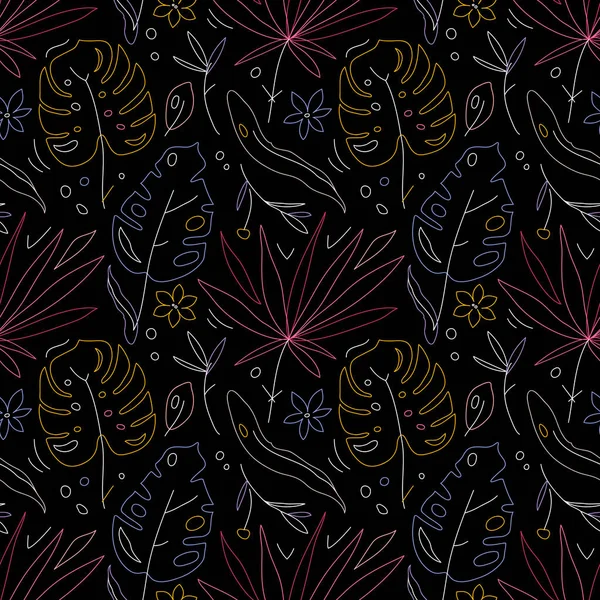 熱帯植物フラット手描きシームレスパターン 自然な漫画の質感 有機植物スカンジナビアのイラスト 落書きスケッチカラークリップアート 明るい夏の織物 背景ベクトル塗りつぶし — ストックベクタ