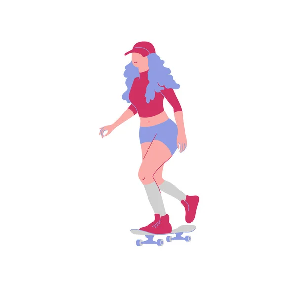Young cartoon girl skating on skateboard. Vector concept with fun character on white background in flat style. Activity street lifestyle. Can be used for t-shirt print, poster, banner