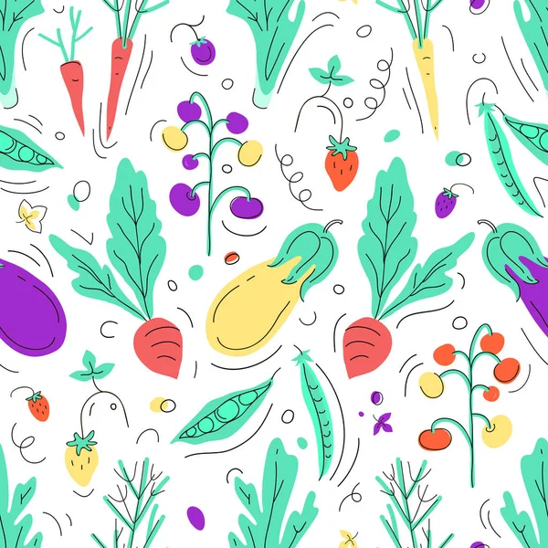 可爱的无缝蔬菜模式 手绘涂鸦 矢量插图的网站背景 有机食品包装 厨房纺织品 市场概念 — 图库矢量图片