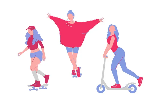 Jóvenes Chicas Dibujos Animados Patinando Monopatín Rodillos Scooter Conjunto Vectorial Gráficos Vectoriales