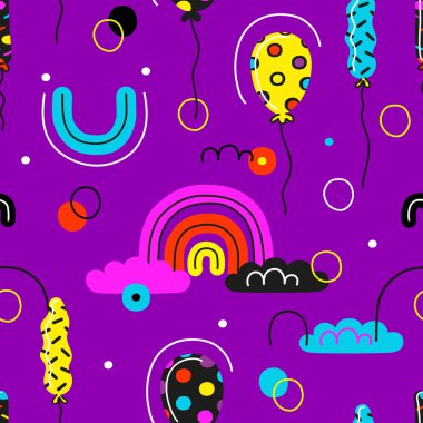 Doodle tarzısevimli çok renkli balonlar ile dikişsiz desen. Komik clipart. Web sitesi afiş için Vektör arka plan, çocuk odası duvar kağıdı, hediyeler sarma, parti davetiye saplan, tekstil doku