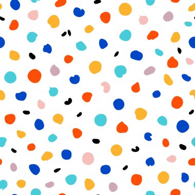 Elle çizilmiş çok renkli nokta ile Sevimli basit sorunsuz desen. İskandinav tarzısoyut arka plan. Çocuk odası duvar kağıdı, kumaş, tekstil, sarma, web sitesi fon için Vektör parlak illüstrasyon