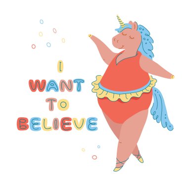 Beyaz bir arka plan ve motivasyon ifade izole sevimli tek boynuzlu at ile Vektör illüstrasyon. Komik düz karakterli kart. Tasarım t-shirt baskı, poster, çıkartmalar için konsept