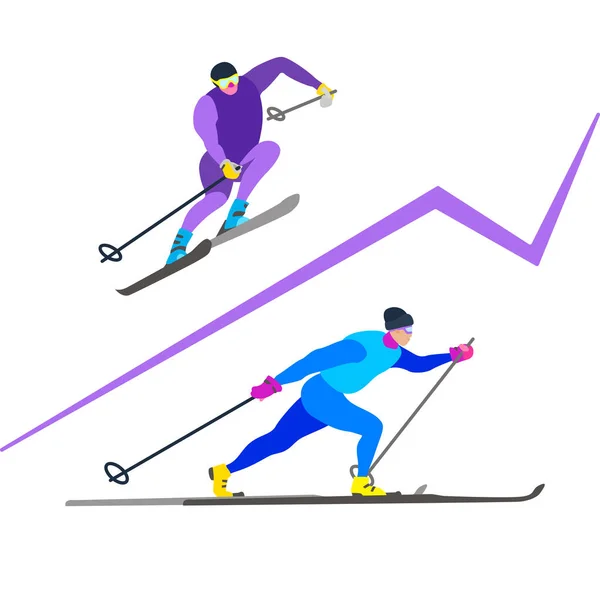 Two skiing sportsmans doodle character in motion. Sporty guy riding on skis. Vector concept in cartoon style. Winter sport game set can be used for poster, banner, background, emblem, logo, icon