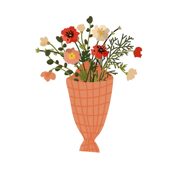 Lindo Ramo Flores Amapolas Empaquetado Papel Estilo Plano Simple Ilustración — Vector de stock