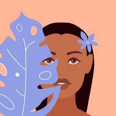 Pembe arka planda bronzlaşmış güzel bir genç kız ıslak kahverengi saçlı, büyük mavi egzotik bir yaprak yüzünün bir kısmını kaplıyor. Tropik ormanda güzel bir kadın. Seyahat konsepti için stok vektör çizimi