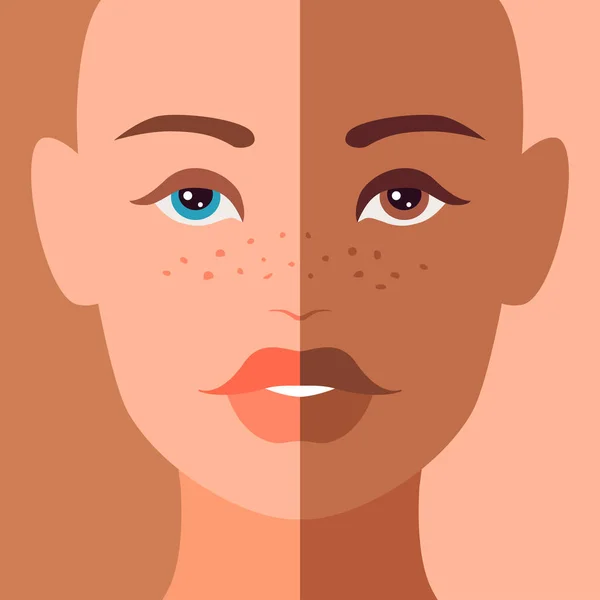 Combined Woman Portrait Symmetric Half Faces Dark Light Skin Closeup — Stock Vector