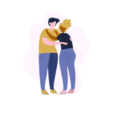 Açık tenli bir adam koyu tenli bir kadına sarılıyor, kadın onun göğsünde elini tutuyor. Beyaz arka planda izole edilmiş sevimli çizgi film karakterleri. Irklar arası kucaklaşmalar. Çok ırklı arkadaşlık kavramı. Stok vektör illüstrasyonu