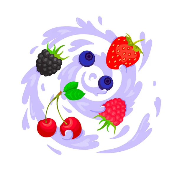 Joghurt Mit Frischen Beeren Obst Smoothie Schüssel Mit Blaubeeren Himbeeren — Stockvektor