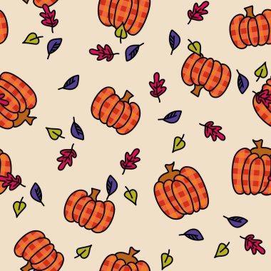 Turuncu balkabakları ve bej arka planda sonbahar yapraklarından oluşan pürüzsüz bir desen. Sonbahar temalı projeler için tasarım. Mevsimlik duvar kağıtları için vektör illüstrasyonu. Tebrik kartları, davetiyeler, posterler, afişler, paketleme için tasarım ögesi kullanılabilir