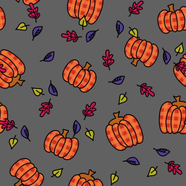 Gri arka planda turuncu balkabakları ve sonbahar yapraklarından oluşan pürüzsüz bir desen. Sonbahar temalı projeler için tasarım. Mevsimlik duvar kağıtları için vektör illüstrasyonu. Tebrik kartları, davetiyeler, posterler, afişler, paketleme için tasarım ögesi kullanılabilir