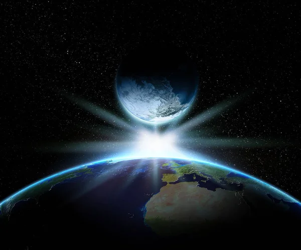 Terra 3D e planeta de fantasia com estrela brilhante — Fotografia de Stock