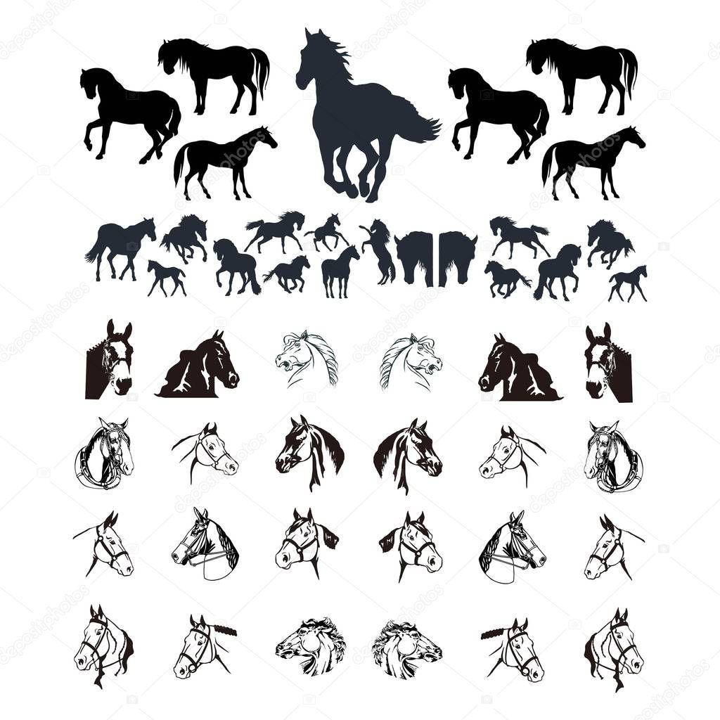 Set of black and white horse logo design vector