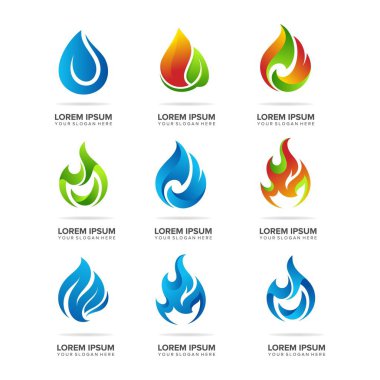 soyut ateş ve su logosu tasarım vektör elemanı seti