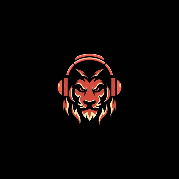 ヘッドセットロゴデザインベクトルを持つライオン — ストックベクタ