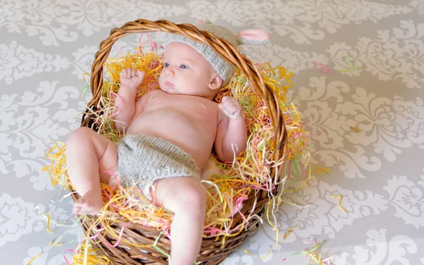 Newborn Baby Girl Laying Easter Basket Wearing Handmade Knit Bunny — Stock Photo, Image