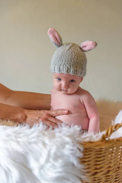 Baby Homemade Knit Bunny Ear Hat Sitting Easter Basket Funny — Stock Photo, Image