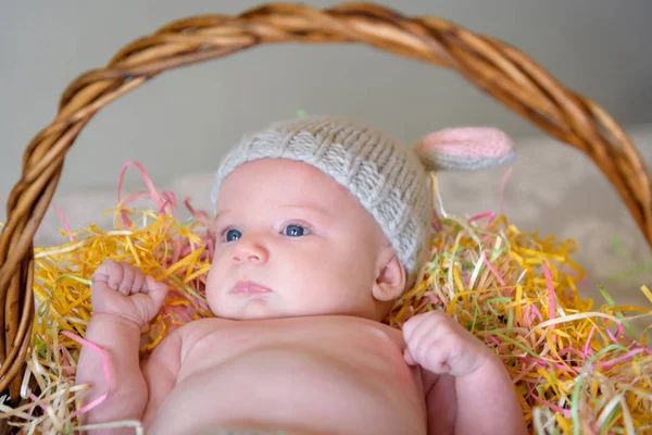 Newborn Baby Girl Laying Easter Basket Wearing Handmade Knit Bunny — Stock Photo, Image