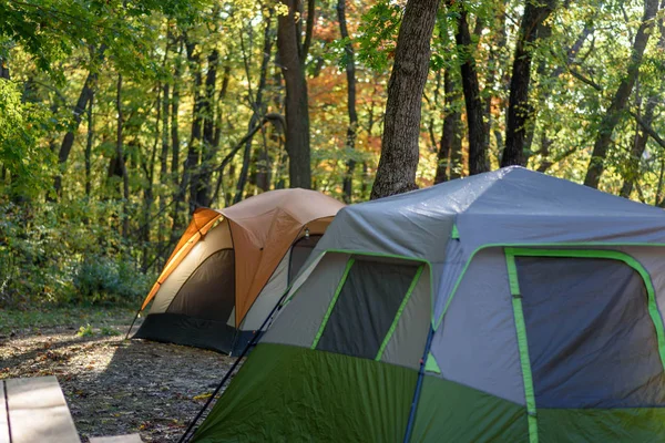 Upadek Camping Dwóch Namiotach Kempingu Świetle Wcześnie Rano — Zdjęcie stockowe