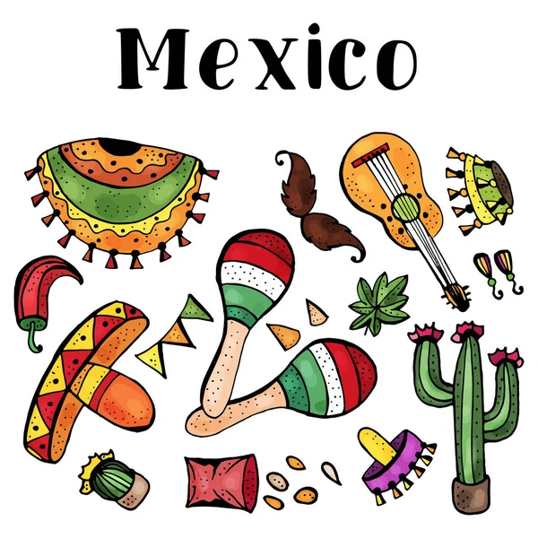 Meksika Sembolleri Doodle Desen — Stok Vektör