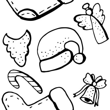  Noel doodle desen. Siyah beyaz tek renkli.