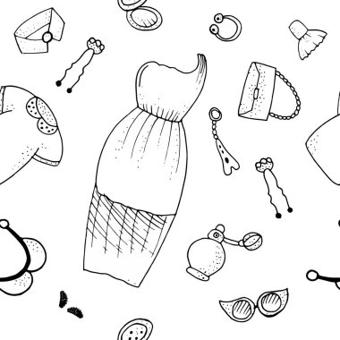 Moda doodle desen, siyah beyaz tek renkli.