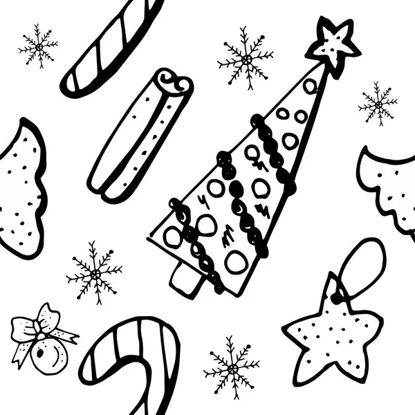 Kerst Doodle Patroon Zwart Wit Zwart Wit — Stockvector