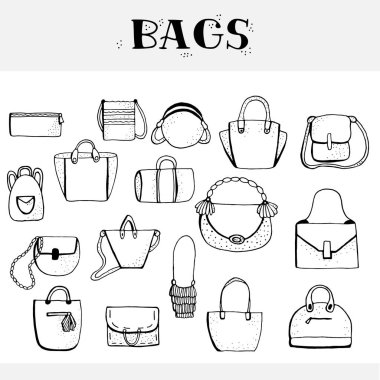 Doodle iconis Çantalar, elle çizilmiş vektör çizim seti.