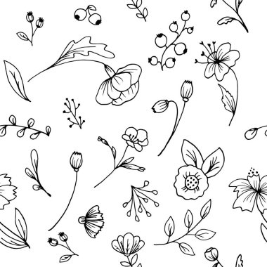 Bitkisel el farklı bitki ve çiçek desen arka plan çekilmiş. Tek renkli vektör çizimler kroki tarzı.