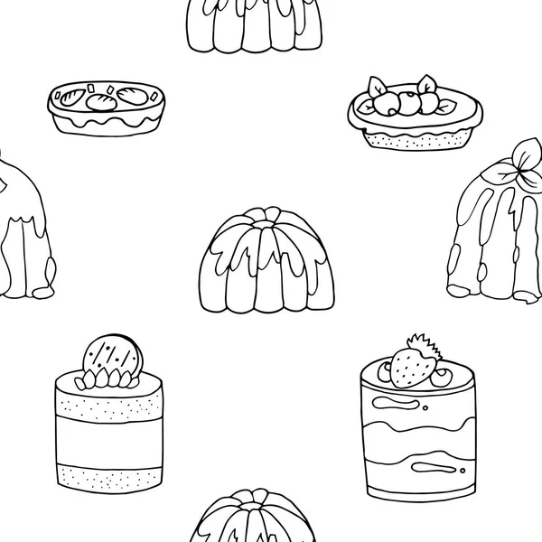 Ручний Намальований Візерунок Фон Різних Пудингів Десертів Тортів Вершками Ягодами — стоковий вектор