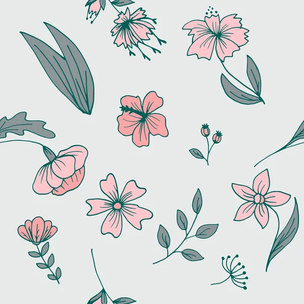 Doodle Farbige Kräuter Pflanzen Und Blumen Vektormuster Hintergrund — Stockvektor