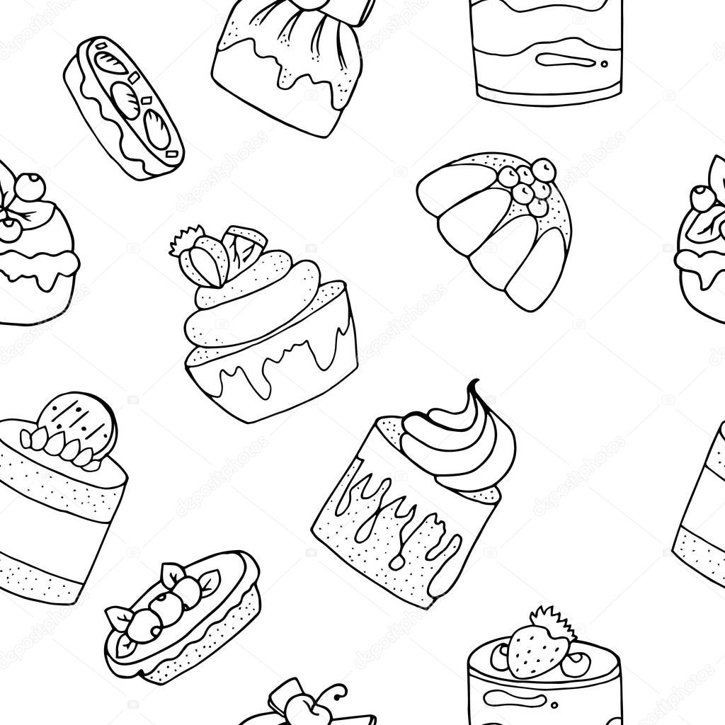 Hand drawn pattern background of different puddings, desserts and cakes with cream and berries.Monochrome vector illustrations in sketch style.