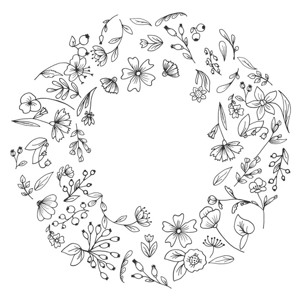 Blumengestell Kreis Angeordnet Handgezeichnete Blumen Skizzierte Blumen Und Pflanzen Schwarz — Stockvektor
